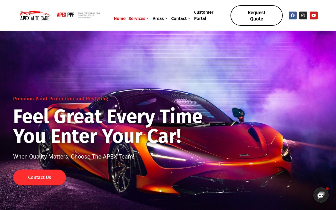 Homepage of Apex Auto Care - Paint Protection Film & Ceramic Coating's website