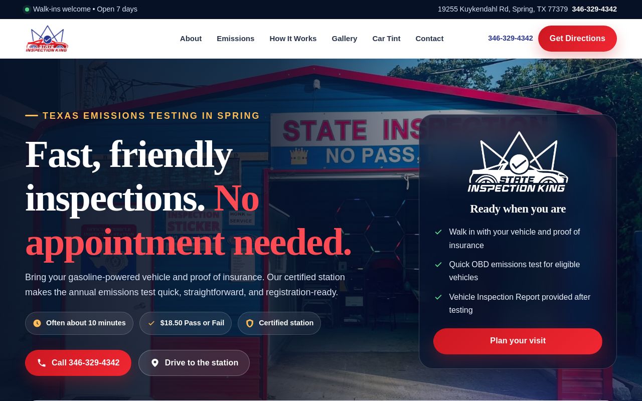 Homepage of State Inspection King - Cheap Car Emissions Inspección Auto Vehicle Texas Sticker's website
