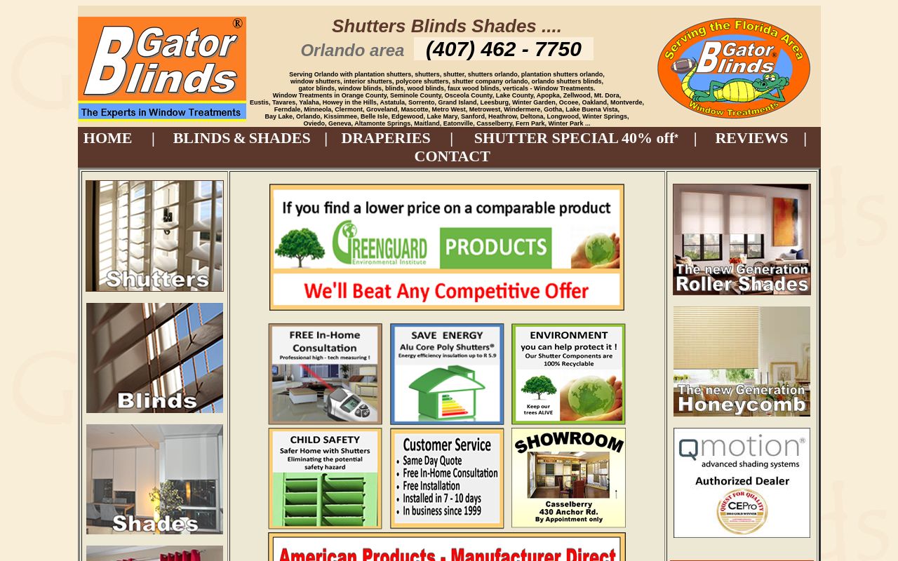 Homepage of Gator Blinds & Shutters Orlando's website
