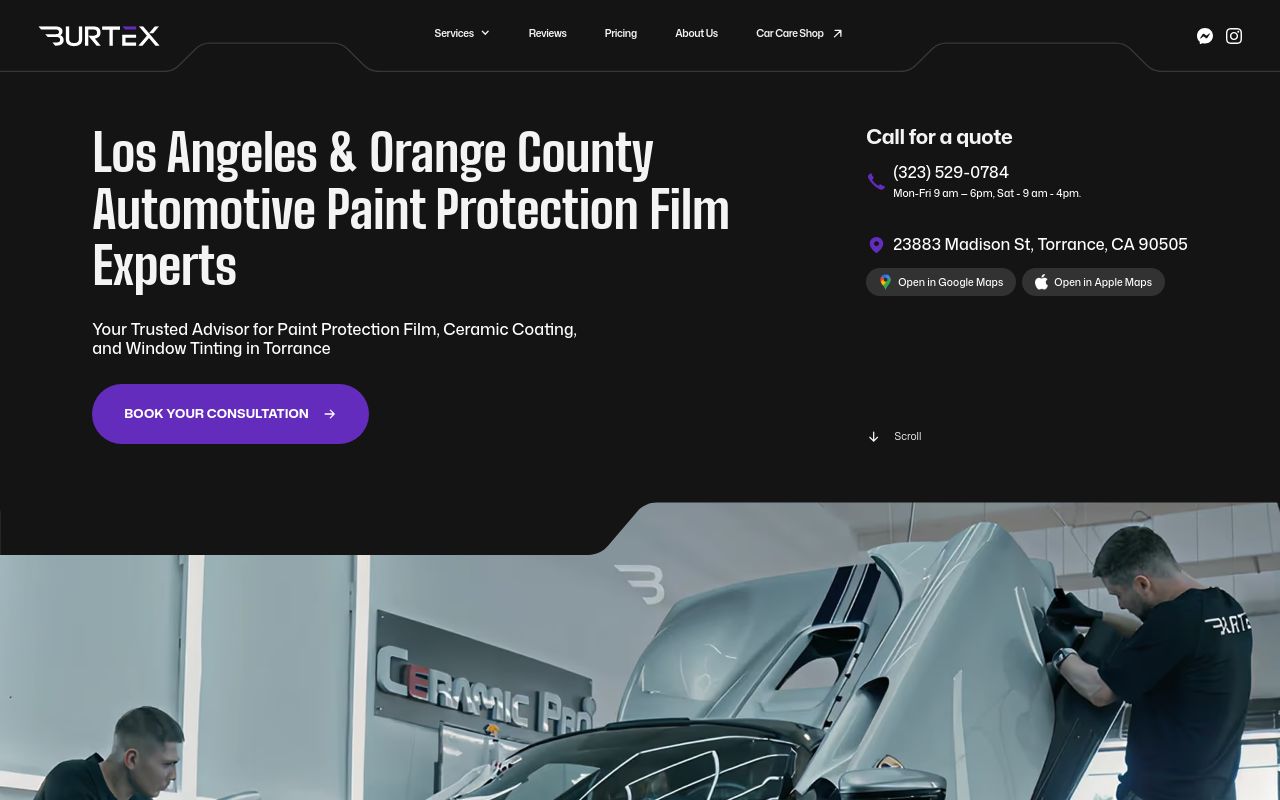 Homepage of Burtex Automotive Paint Protection Studio's website