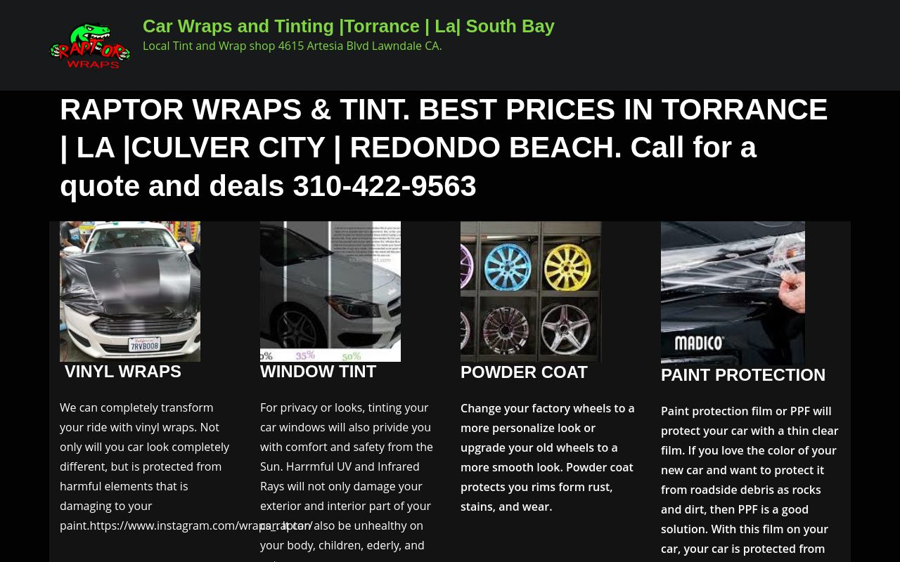 Homepage of Raptor Wraps Printing & Installation's website