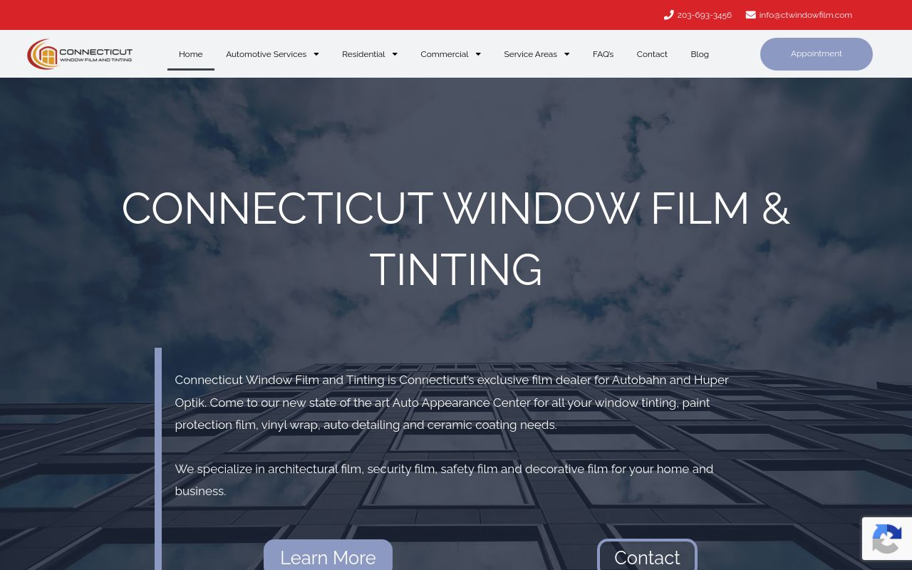 Homepage of CT Window Film & Tinting's website