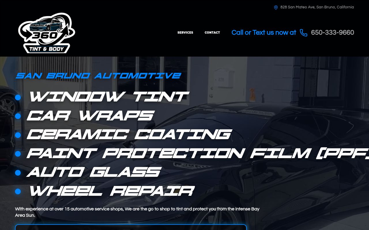 Homepage of 360 Tints & Body's website
