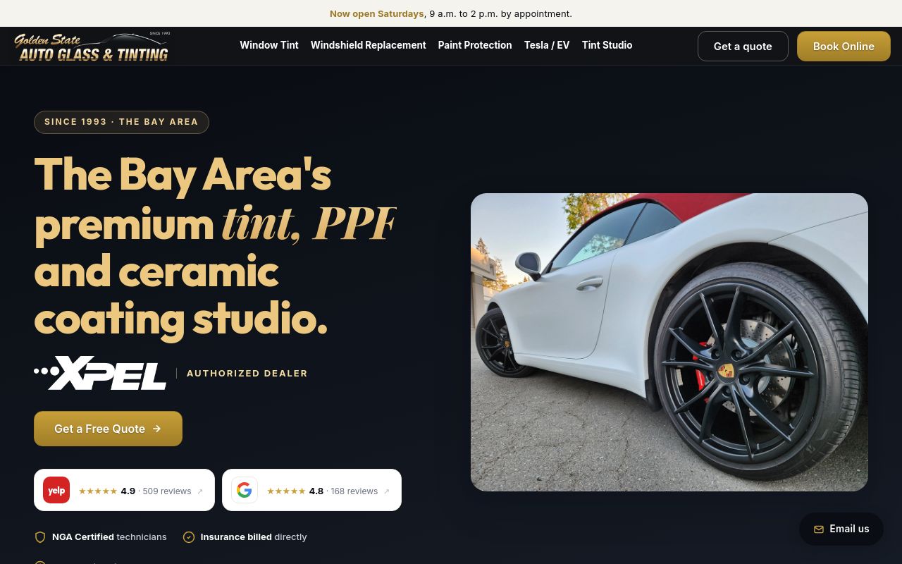 Homepage of Golden State Auto Glass & Tinting's website