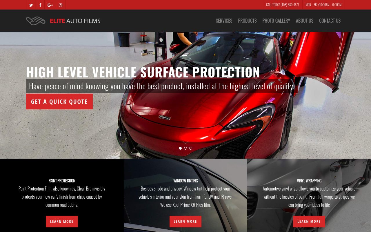 Homepage of Elite Auto Films Santa Clara's website