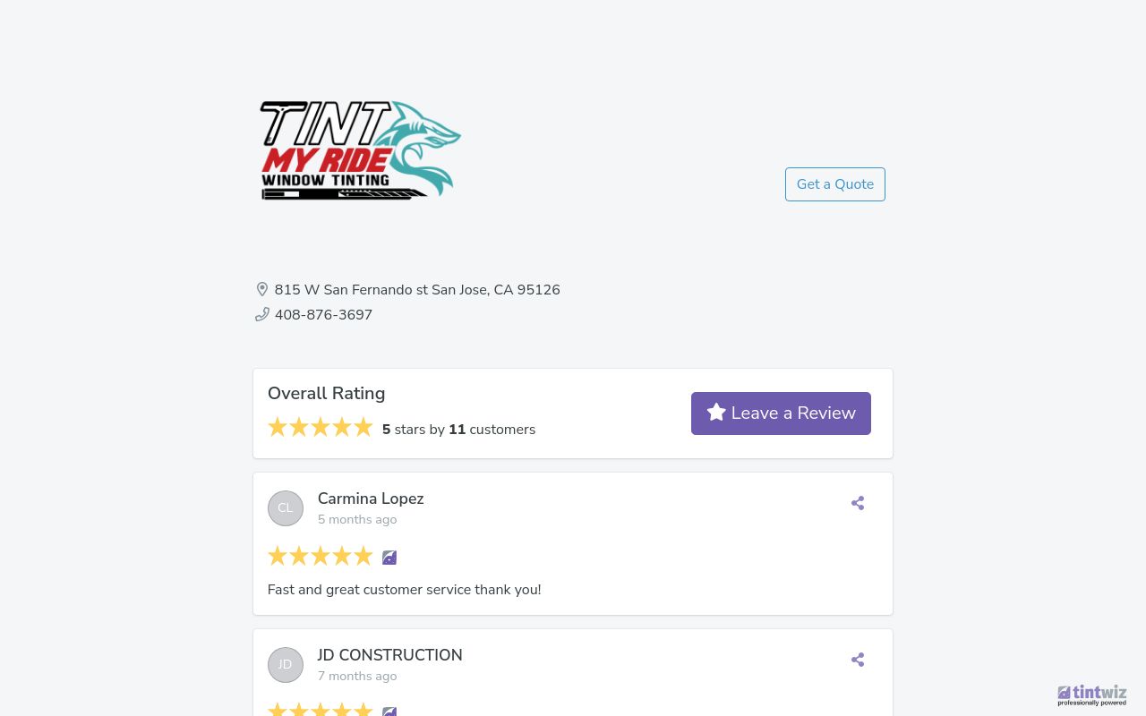 Homepage of TINTMYRIDE _ Window Tint & Wrap's website