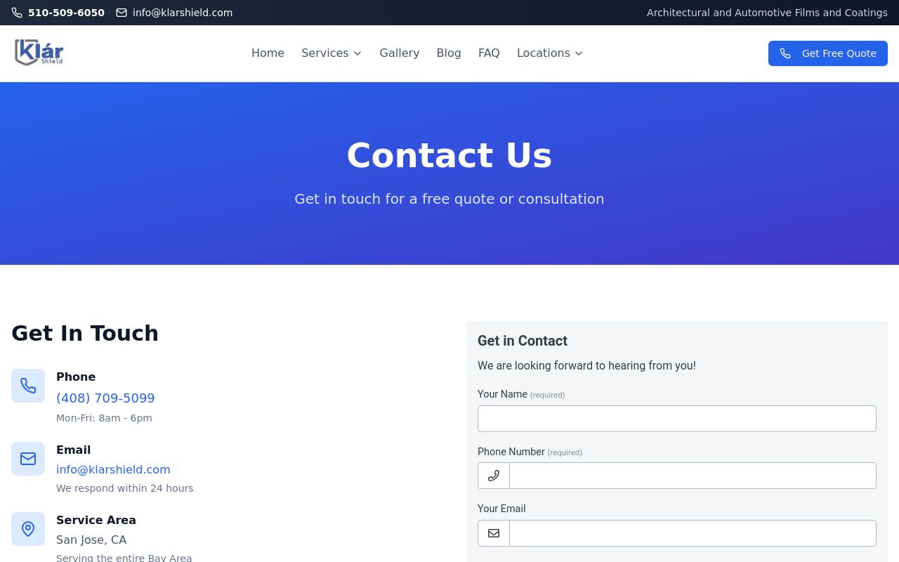 Homepage of Klar Home & Office Window Tinting's website