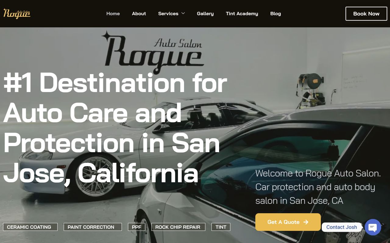 Homepage of Rogue Auto Salon's website