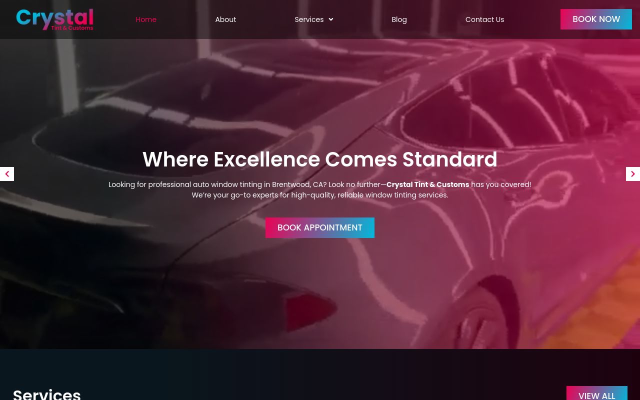 Homepage of Crystal Tint & Customs's website