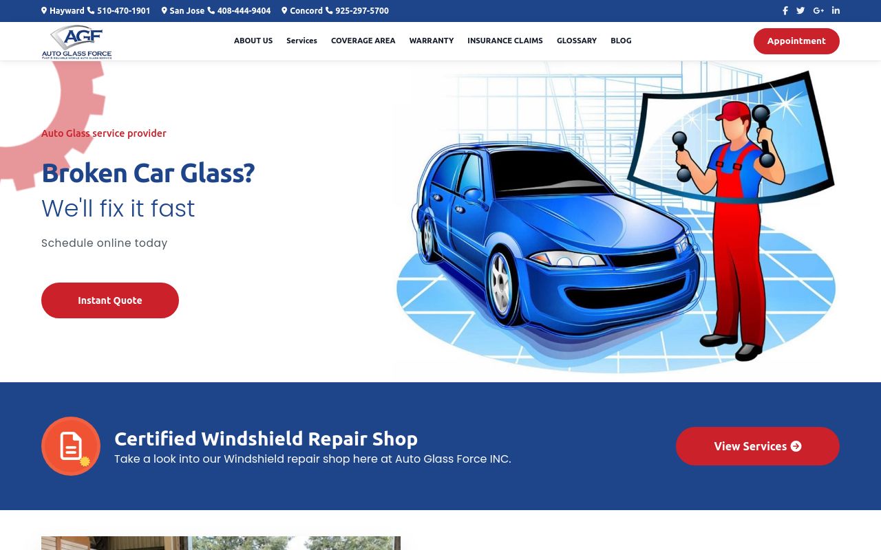 Homepage of Auto Glass Force & Window Tinting's website