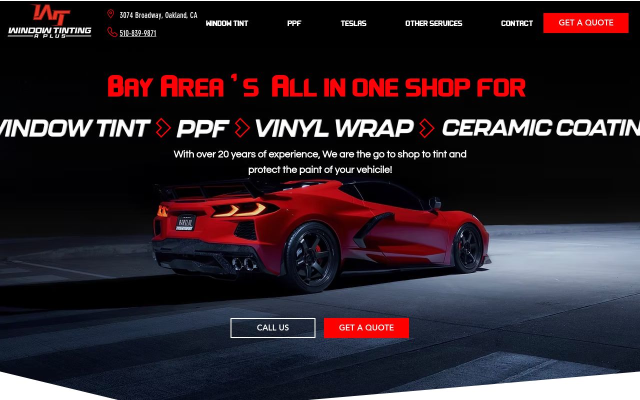 Homepage of Window Tinting A Plus's website