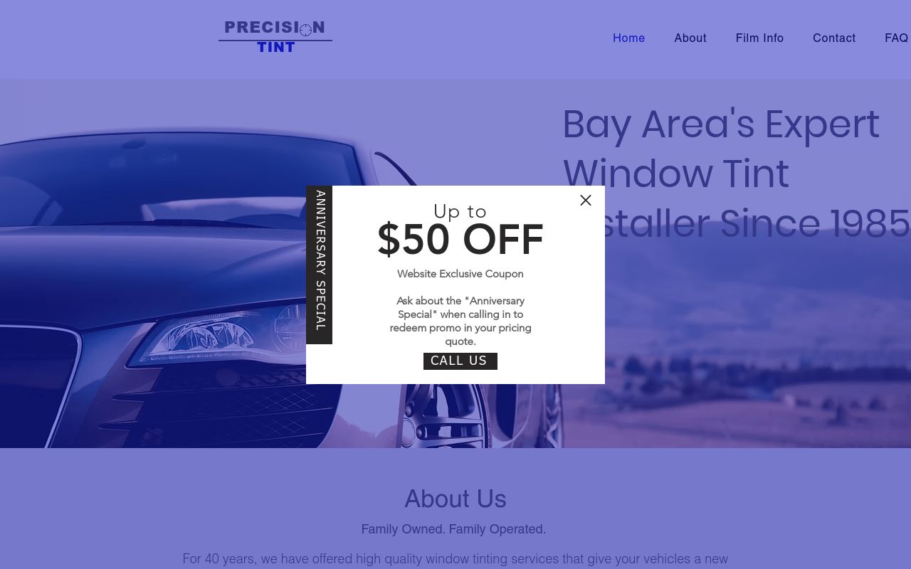 Homepage of Precision Tint's website