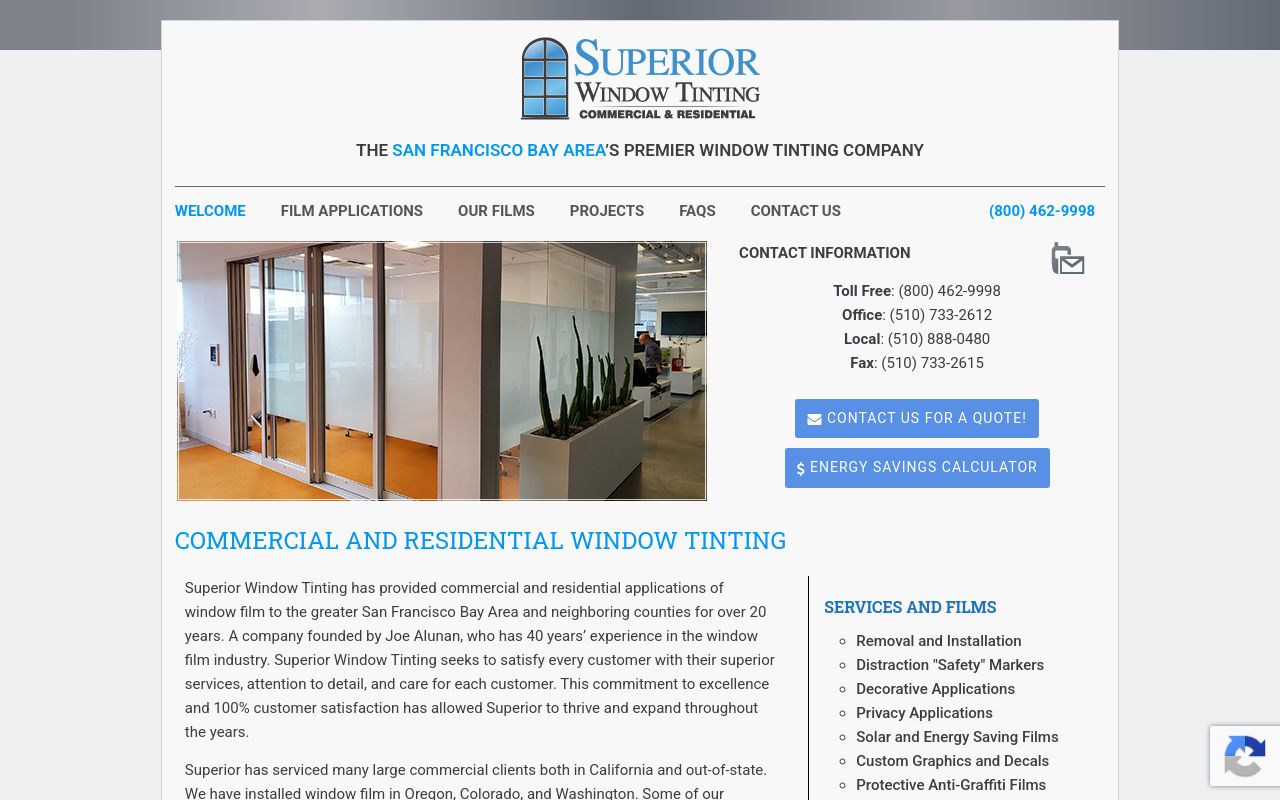Homepage of Superior Window Tinting's website