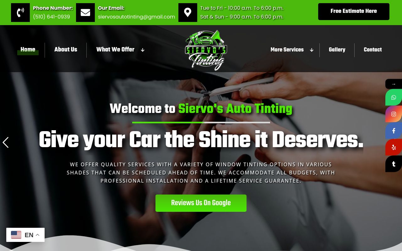Homepage of SIERVO’S AUTO TINTING's website