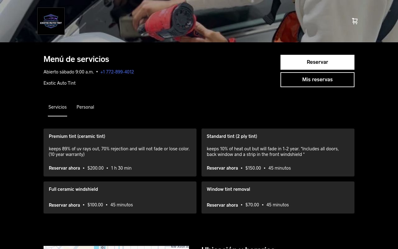 Homepage of Exotic auto tints's website
