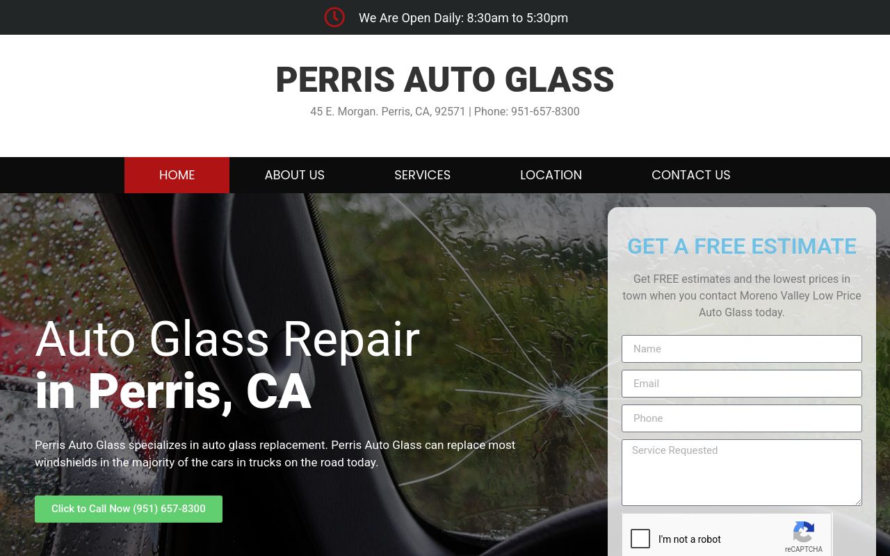 Homepage of Perris Auto Glass's website