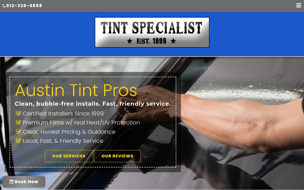 Homepage of Tint Specialist's website