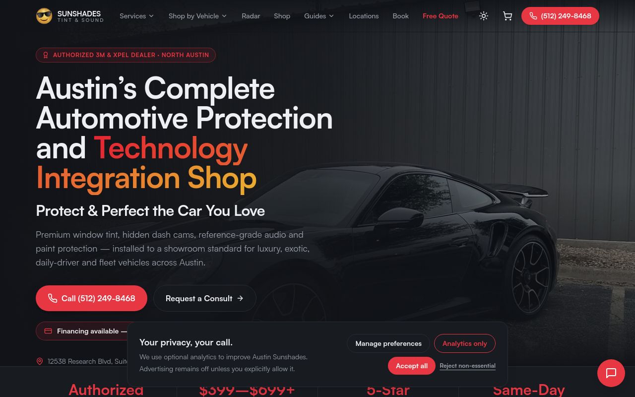 Homepage of 😎 Sunshades Tint & Sounds, Austin-Window Tinting ClearBra Audio Radar Remote Start Car Stereo Installation Experts In Texas's website