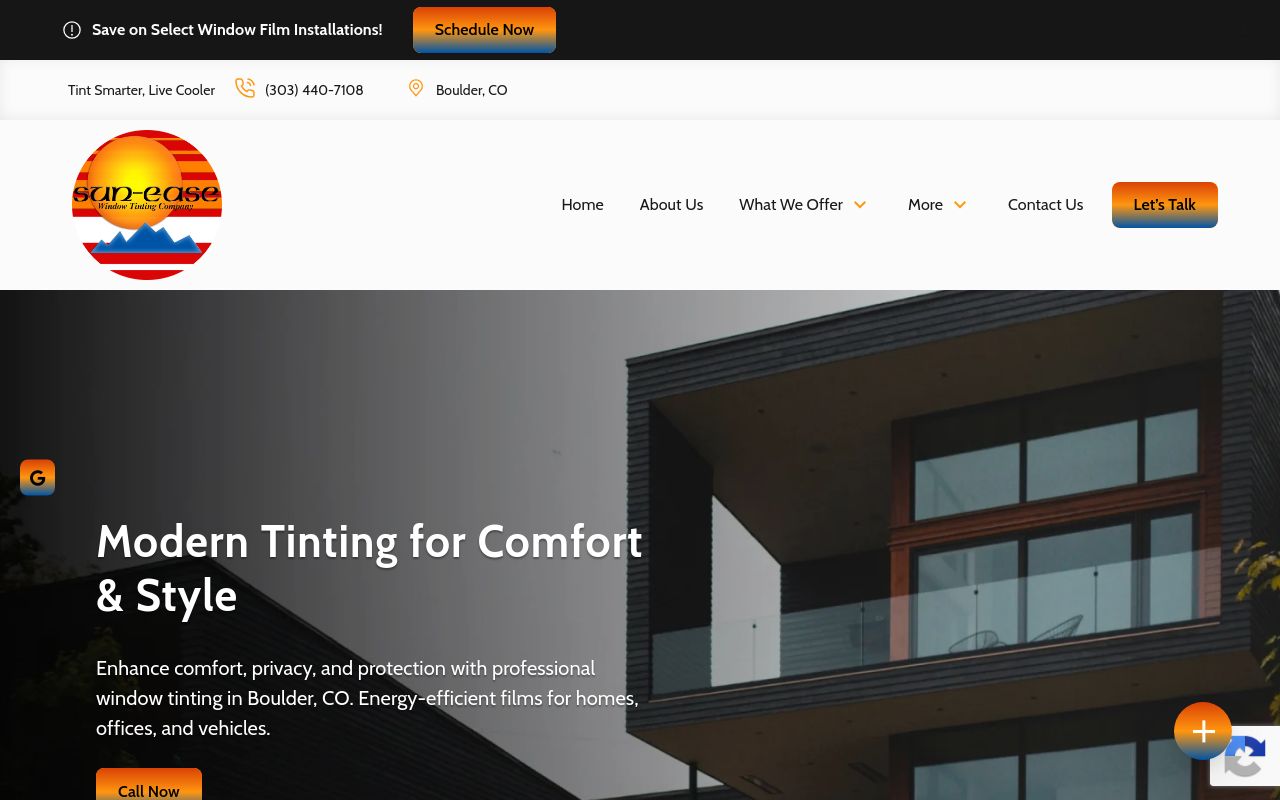 Homepage of Sun-Ease Window Tinting's website