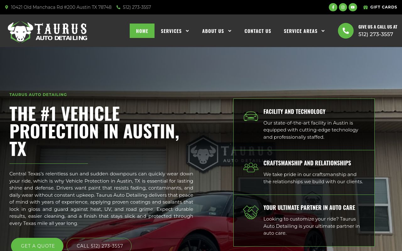 Homepage of Taurus Auto Detailing, Paint Protection Film & Ceramic Coating's website