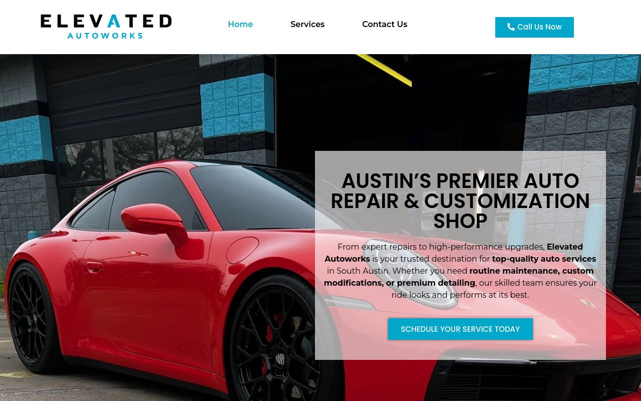 Homepage of Elevated Autoworks's website