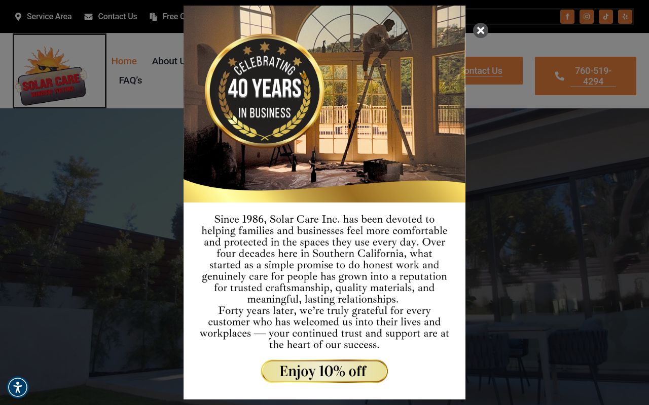 Homepage of Solar Care Window Tinting's website
