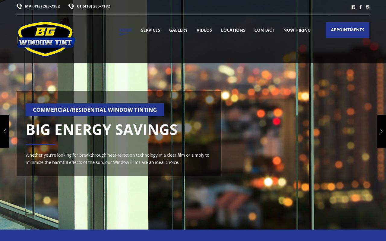 Homepage of BG Window Tint's website