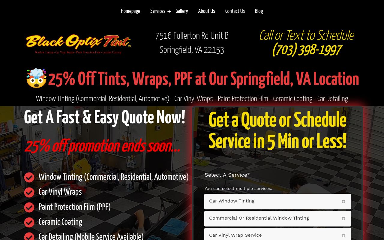 Homepage of Black Optix Tint - Window Tints, PPF, Ceramic Coating, And Car Vinyl Wraps's website