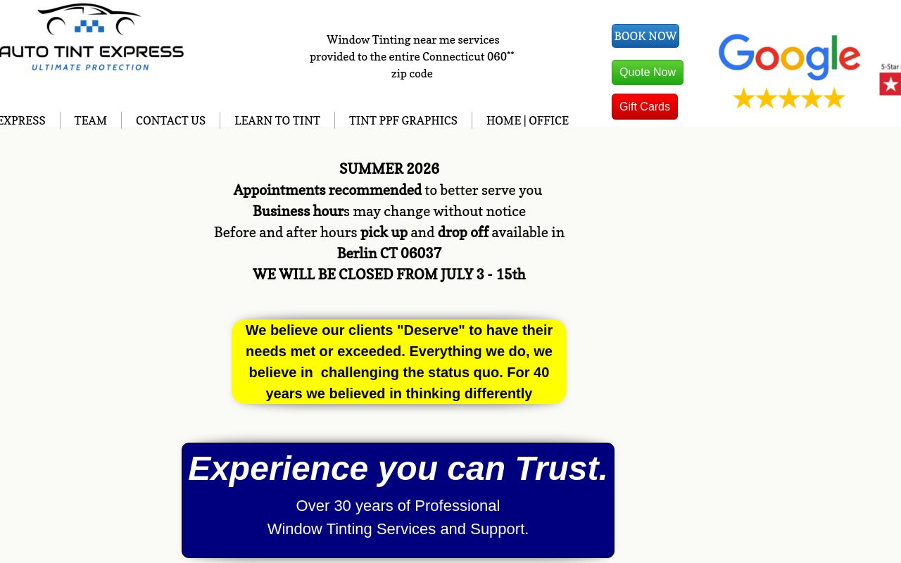 Homepage of Auto Tint Express's website