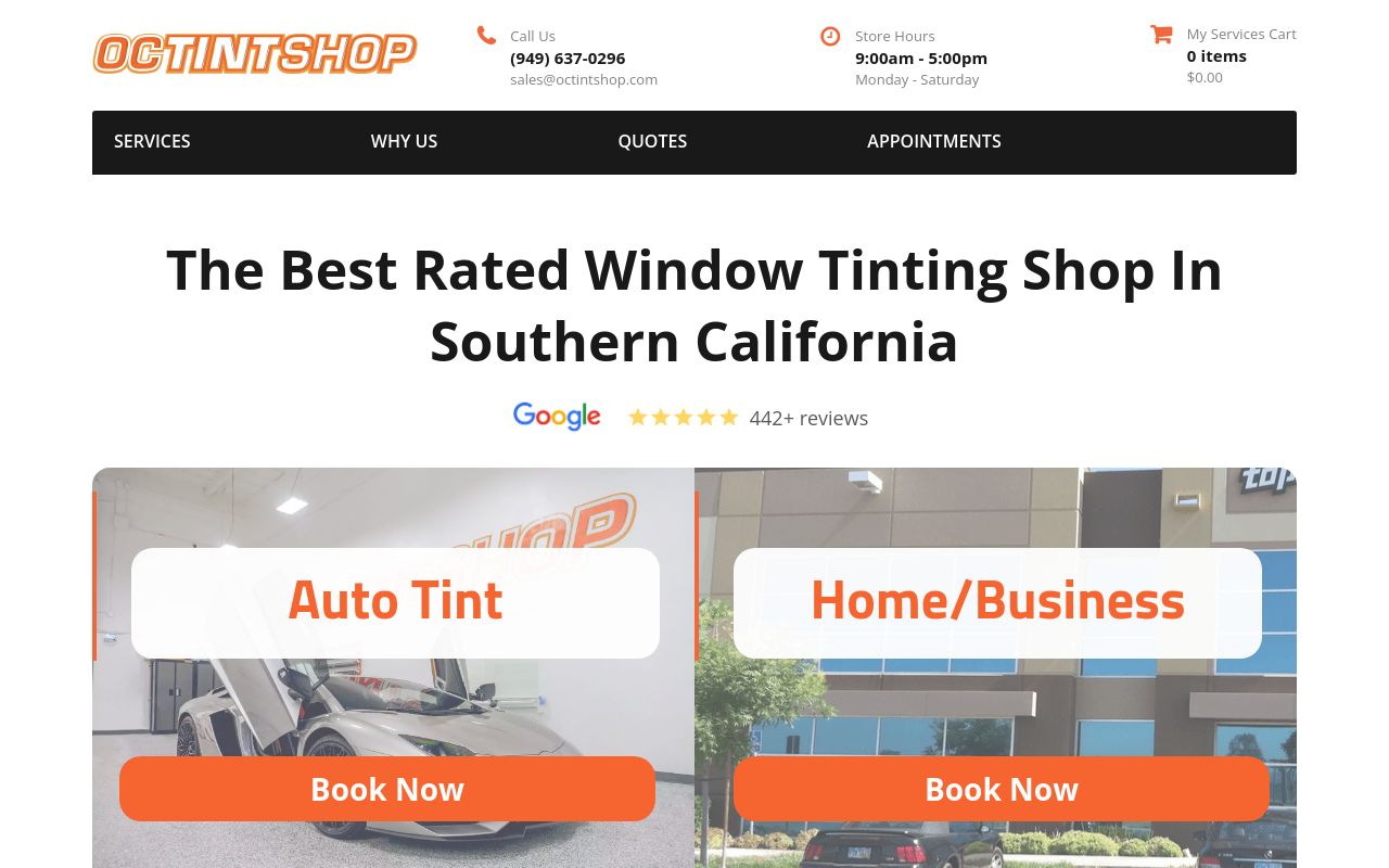 Homepage of OC Tint Shop's website