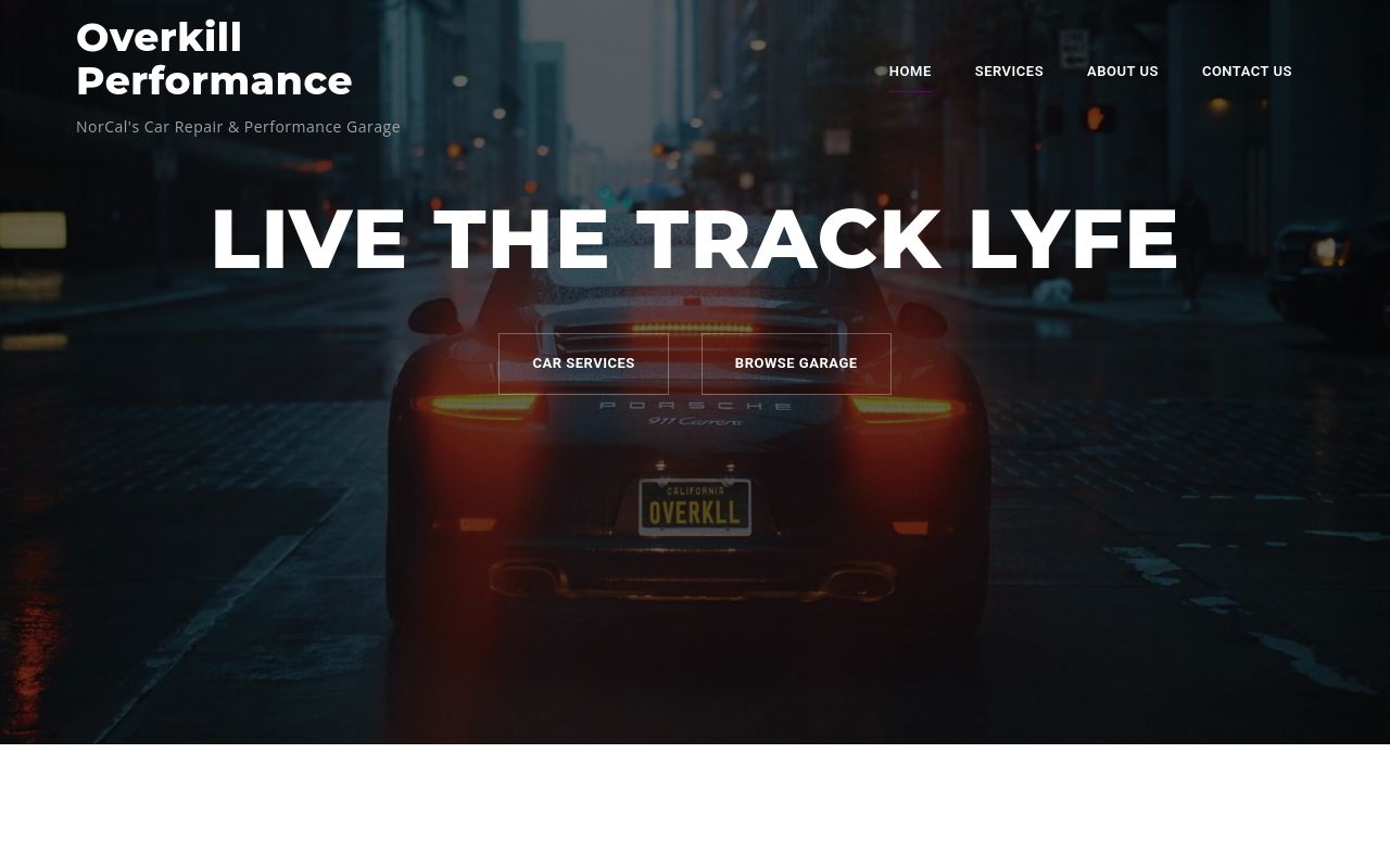 Homepage of Overkill Performance Garage's website