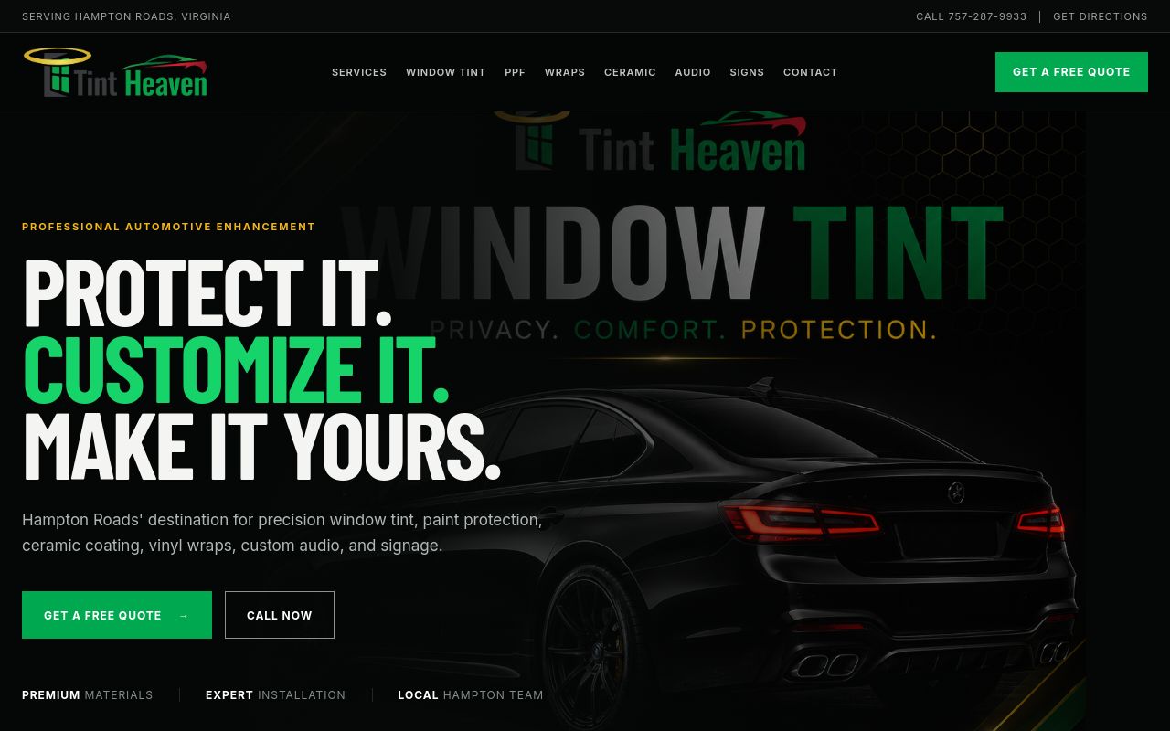 Homepage of Tint Heaven VA's website