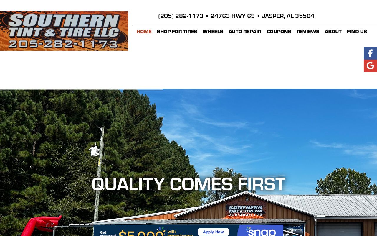 Homepage of SOUTHERN TINT AND TIRE LLC's website