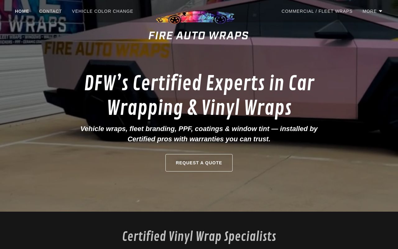 Homepage of Fire Auto Wraps's website