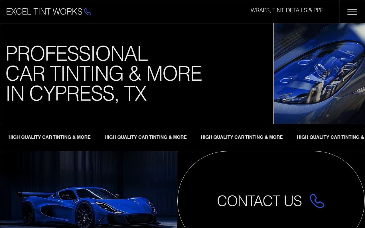 Homepage of Excel Tintworks- Tint - Clear bra- Ceramic coating's website