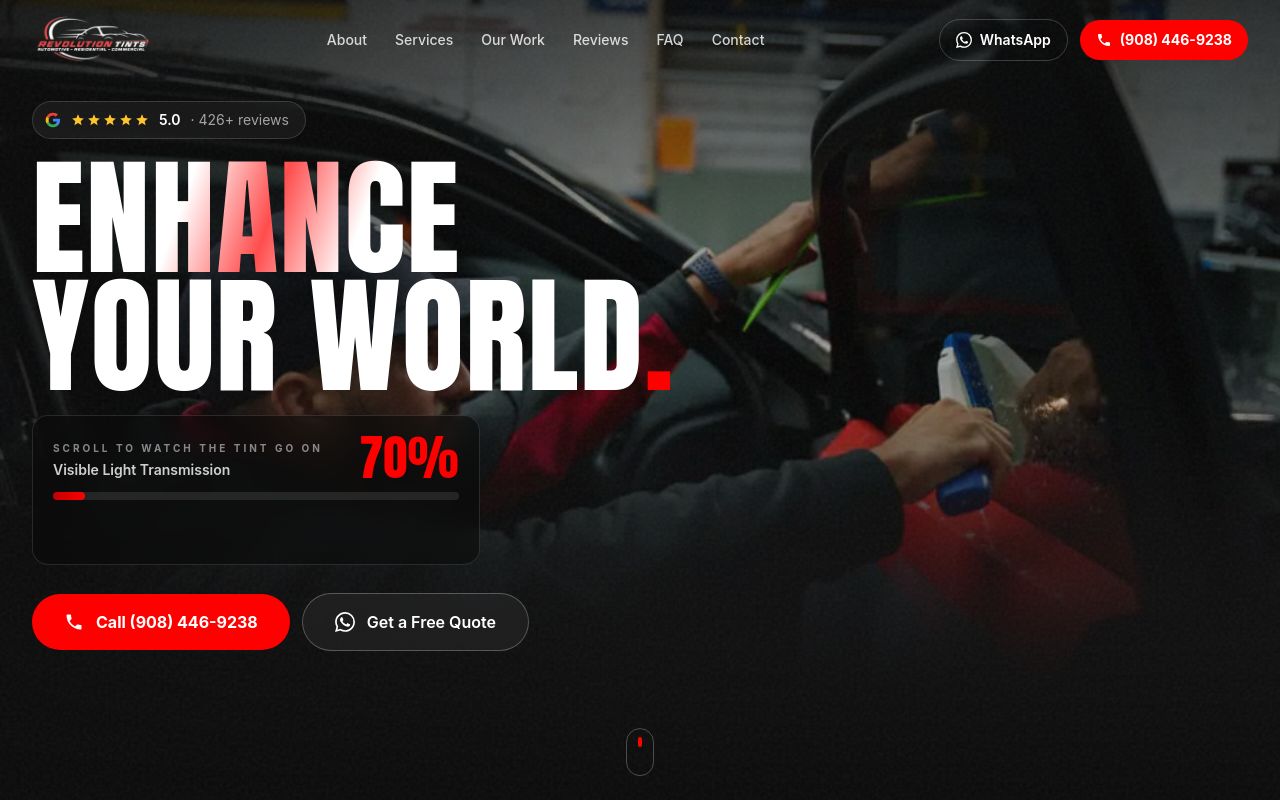 Homepage of Revolution Tints's website